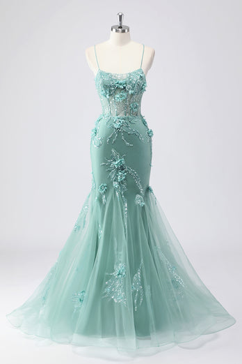 Glitzer Blau Merjungfrau Korsett Lange Abendkleid mit 3D Blumen