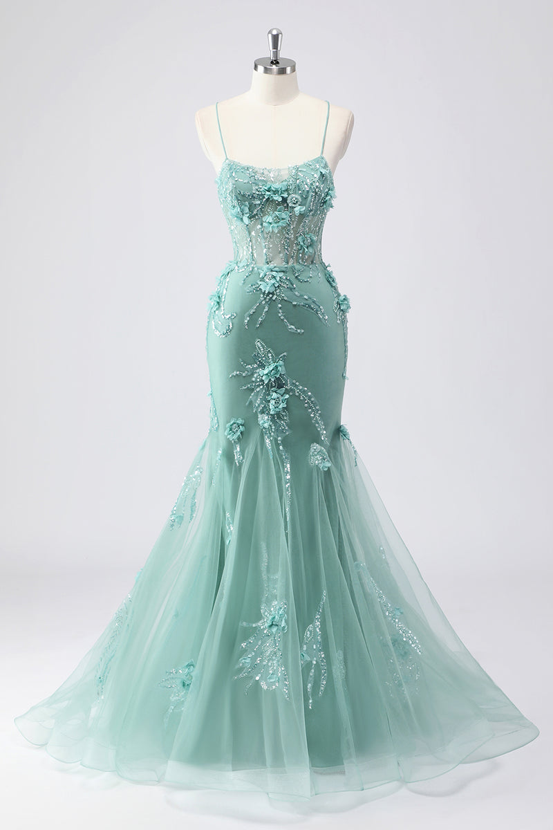 Laden Sie das Bild in den Galerie-Viewer, Glitzer Blau Merjungfrau Korsett Lange Abendkleid mit 3D Blumen