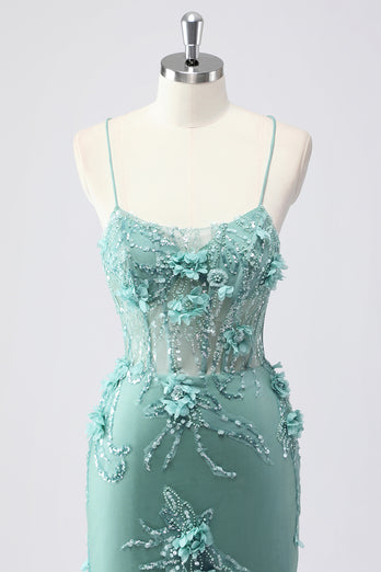 Glitzer Blau Merjungfrau Korsett Lange Abendkleid mit 3D Blumen