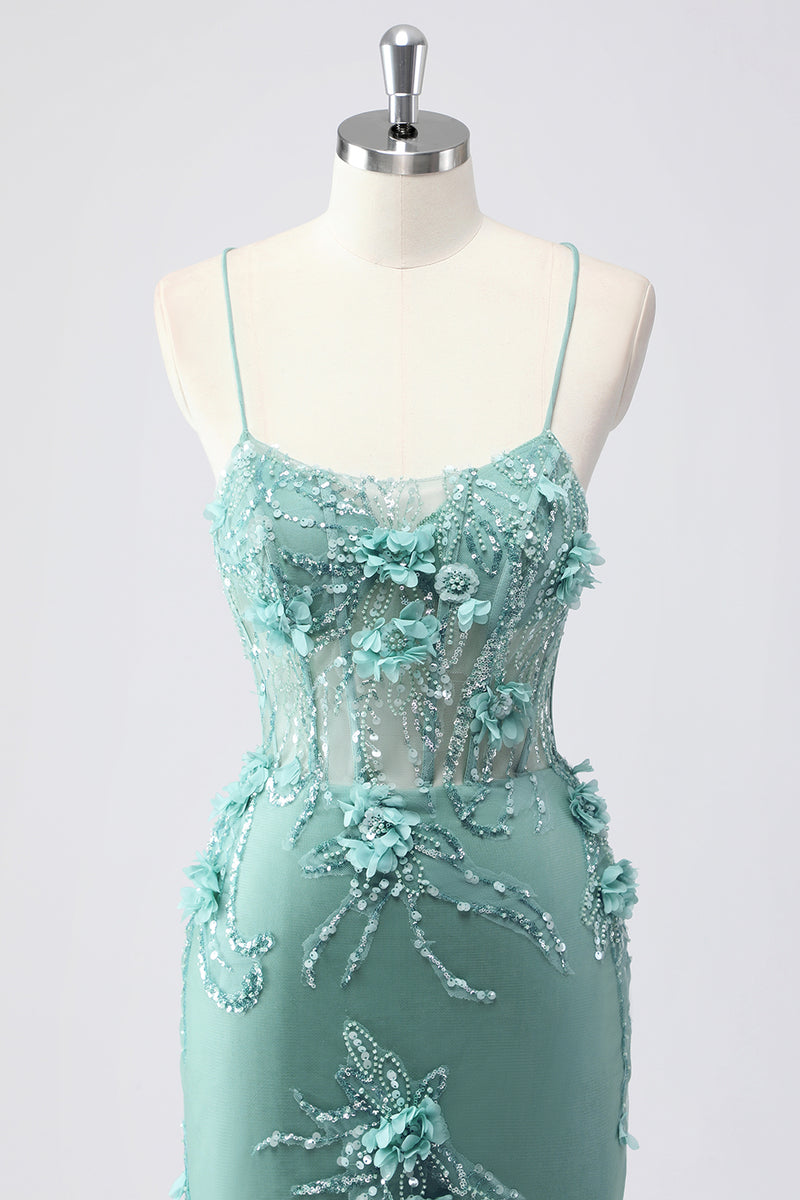 Laden Sie das Bild in den Galerie-Viewer, Glitzer Blau Merjungfrau Korsett Lange Abendkleid mit 3D Blumen