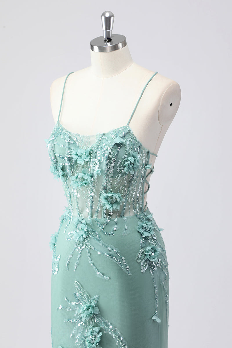 Laden Sie das Bild in den Galerie-Viewer, Glitzer Blau Merjungfrau Korsett Lange Abendkleid mit 3D Blumen