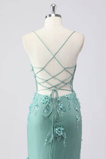 Glitzer Blau Merjungfrau Korsett Lange Abendkleid mit 3D Blumen