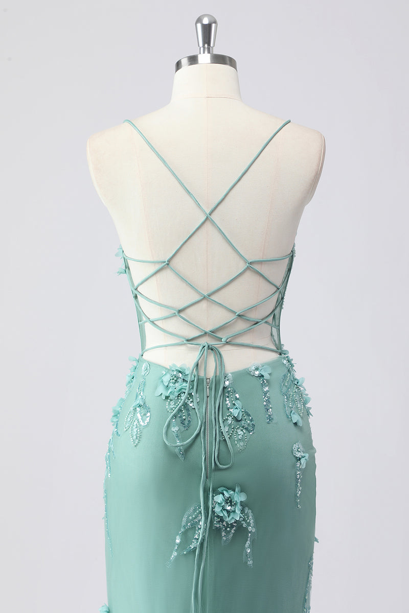 Laden Sie das Bild in den Galerie-Viewer, Glitzer Blau Merjungfrau Korsett Lange Abendkleid mit 3D Blumen
