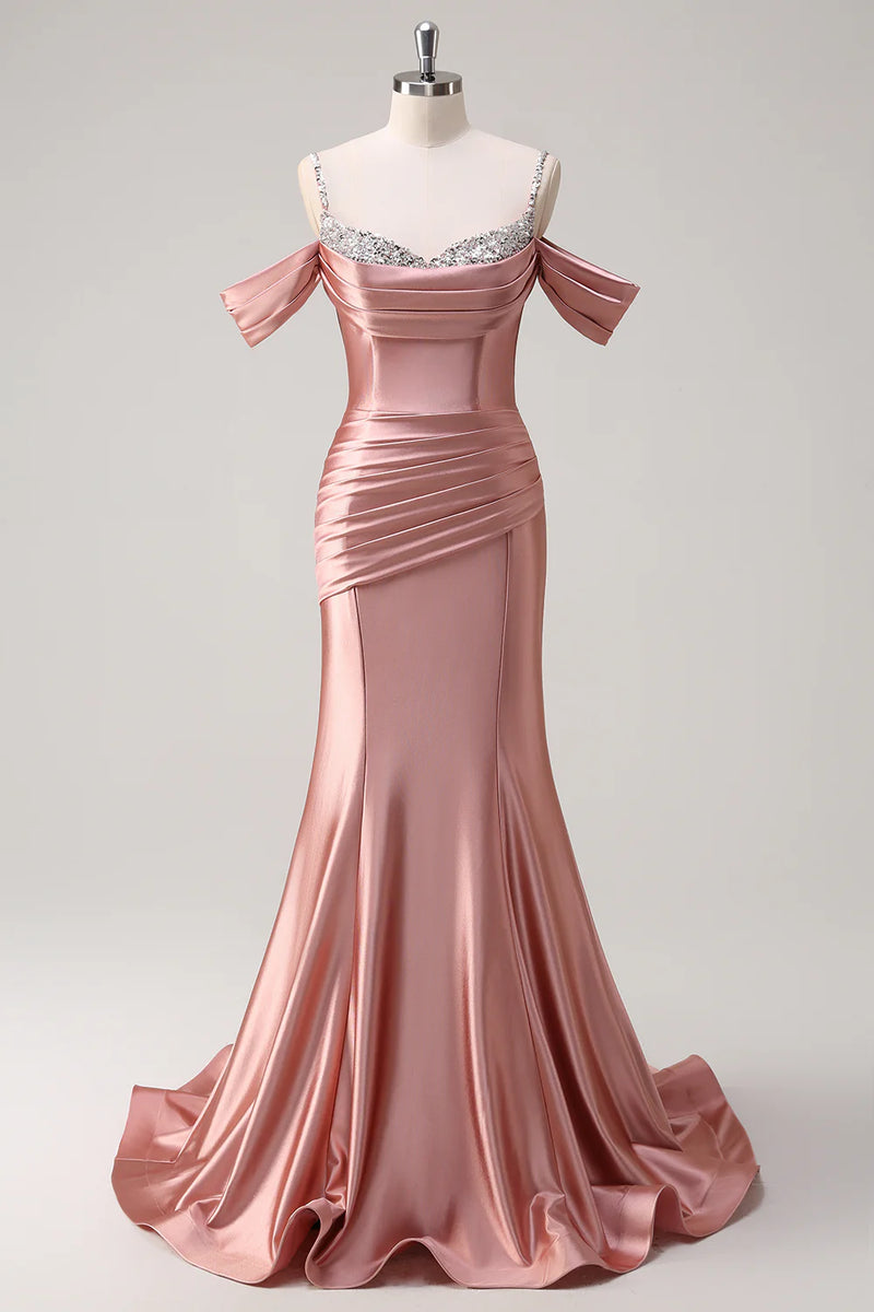 Laden Sie das Bild in den Galerie-Viewer, Glitzer Erröten Satin Schulterfrei Lange Abendkleid