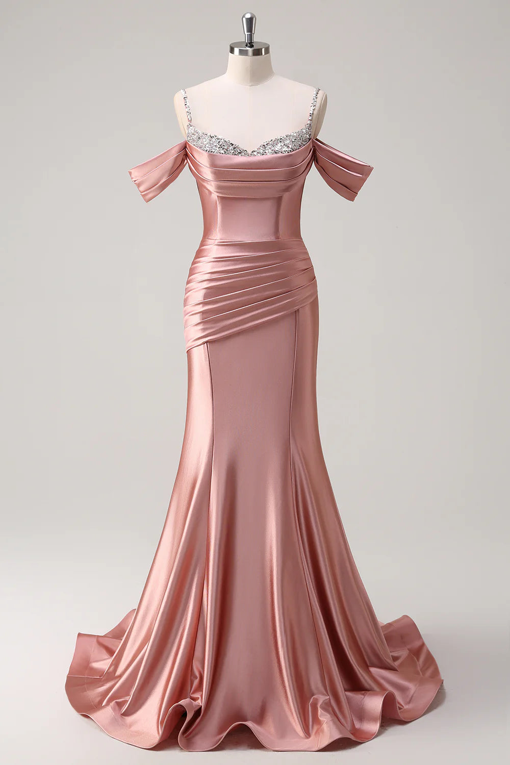 Glitzer Erröten Satin Schulterfrei Lange Abendkleid