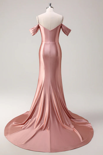 Glitzer Erröten Satin Schulterfrei Lange Abendkleid