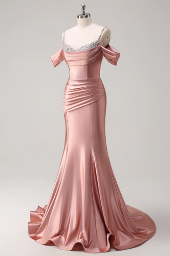 Glitzer Erröten Satin Schulterfrei Lange Abendkleid