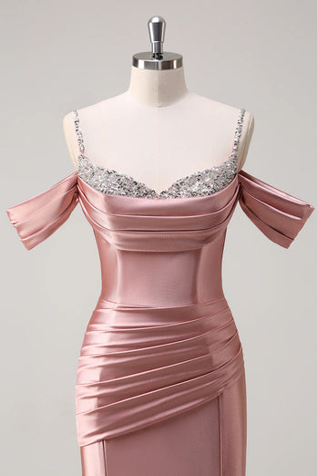 Glitzer Erröten Satin Schulterfrei Lange Abendkleid