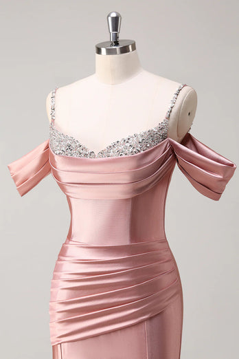 Glitzer Erröten Satin Schulterfrei Lange Abendkleid