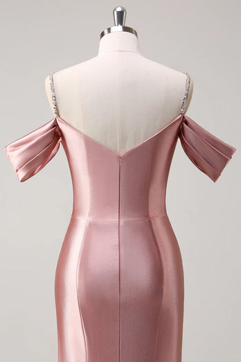 Glitzer Erröten Satin Schulterfrei Lange Abendkleid