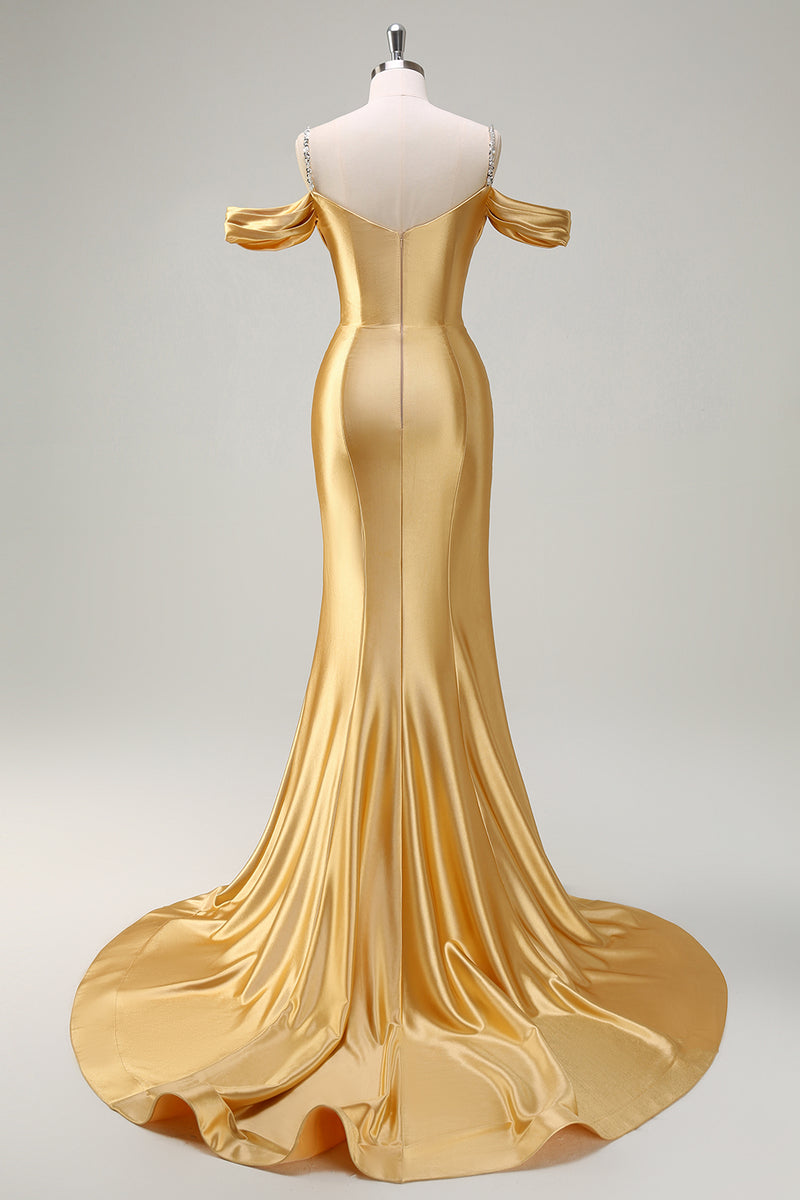 Laden Sie das Bild in den Galerie-Viewer, Glitzer Erröten Satin Schulterfrei Lange Abendkleid