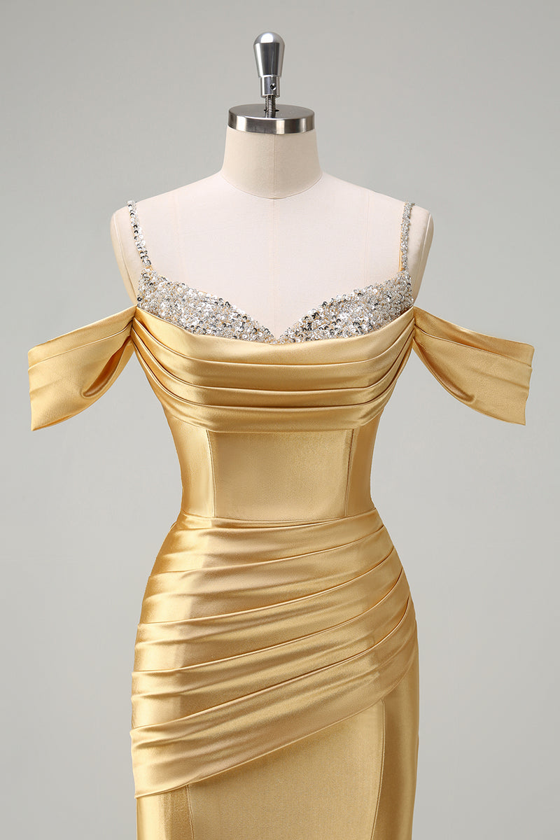 Laden Sie das Bild in den Galerie-Viewer, Glitzer Erröten Satin Schulterfrei Lange Abendkleid