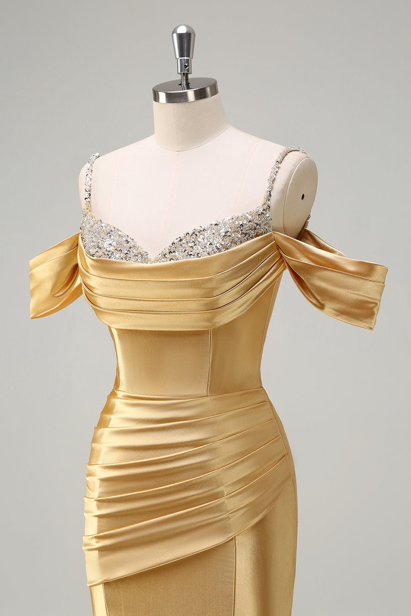 Laden Sie das Bild in den Galerie-Viewer, Glitzer Erröten Satin Schulterfrei Lange Abendkleid
