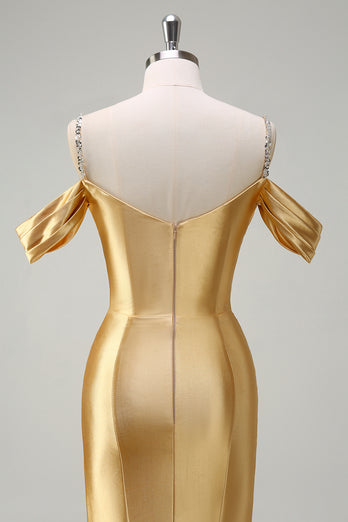 Glitzer Erröten Satin Schulterfrei Lange Abendkleid