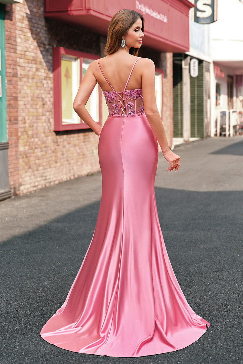 Laden Sie das Bild in den Galerie-Viewer, Glitzer Koralle Meerjungfrau Satin Korsett Langes Ballkleid mit Schlitz
