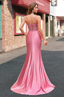 Laden Sie das Bild in den Galerie-Viewer, Gilitzer Koralle Meerjungfrau Spaghettiträger Korsett Langes Ballkleid mit Schlitz