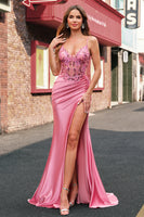 Laden Sie das Bild in den Galerie-Viewer, Glitzer Koralle Meerjungfrau Satin Korsett Langes Ballkleid mit Schlitz