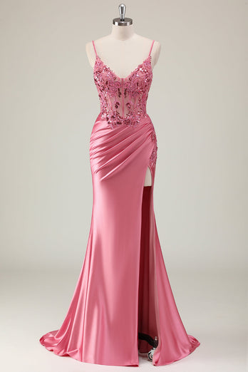 Glitzer Koralle Meerjungfrau Satin Korsett Langes Ballkleid mit Schlitz