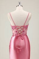 Laden Sie das Bild in den Galerie-Viewer, Gilitzer Koralle Meerjungfrau Spaghettiträger Korsett Langes Ballkleid mit Schlitz