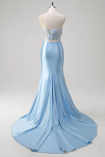 Glitzer Blau Meerjungfrau Trägerloses Korsett Lange Abendkleid mit Blumen