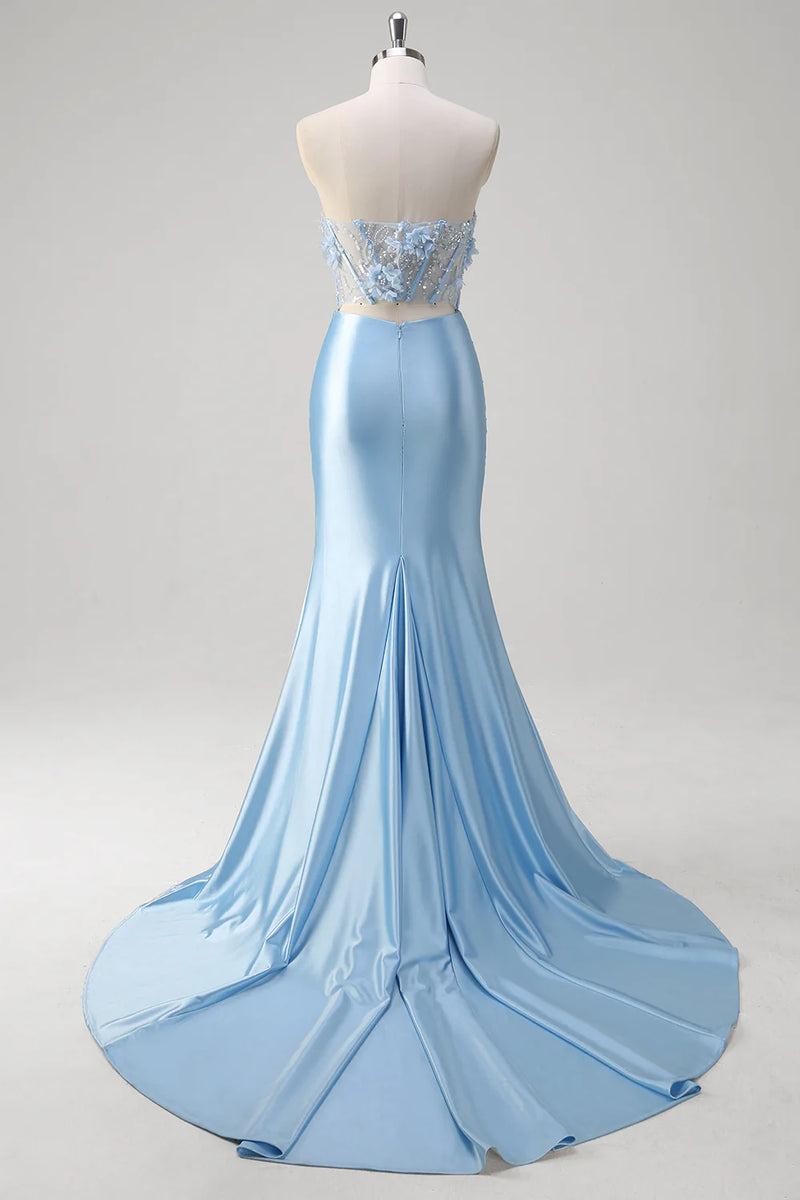 Laden Sie das Bild in den Galerie-Viewer, Glitzer Blau Meerjungfrau Trägerloses Korsett Lange Abendkleid mit Blumen