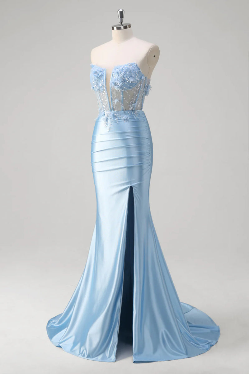Laden Sie das Bild in den Galerie-Viewer, Glitzer Blau Meerjungfrau Trägerloses Korsett Lange Abendkleid mit Blumen
