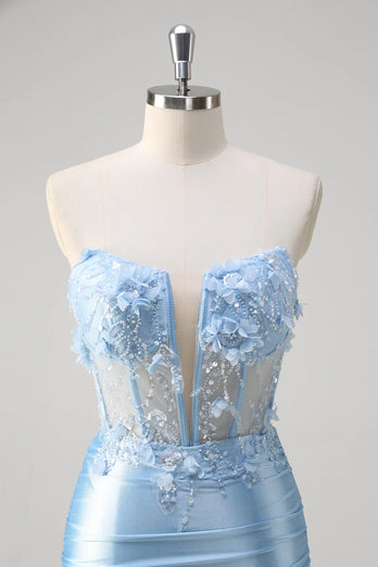 Glitzer Blau Meerjungfrau Trägerloses Korsett Lange Abendkleid mit Blumen