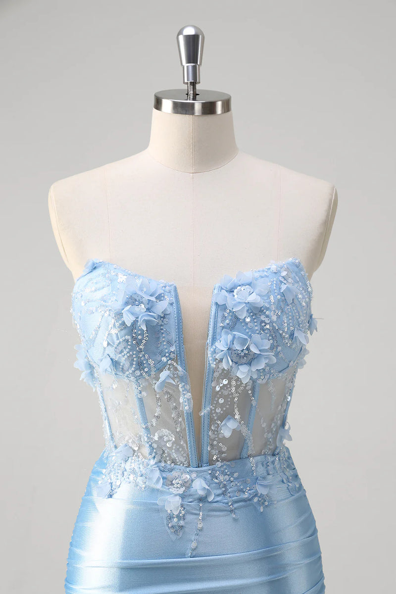 Laden Sie das Bild in den Galerie-Viewer, Glitzer Blau Meerjungfrau Trägerloses Korsett Lange Abendkleid mit Blumen