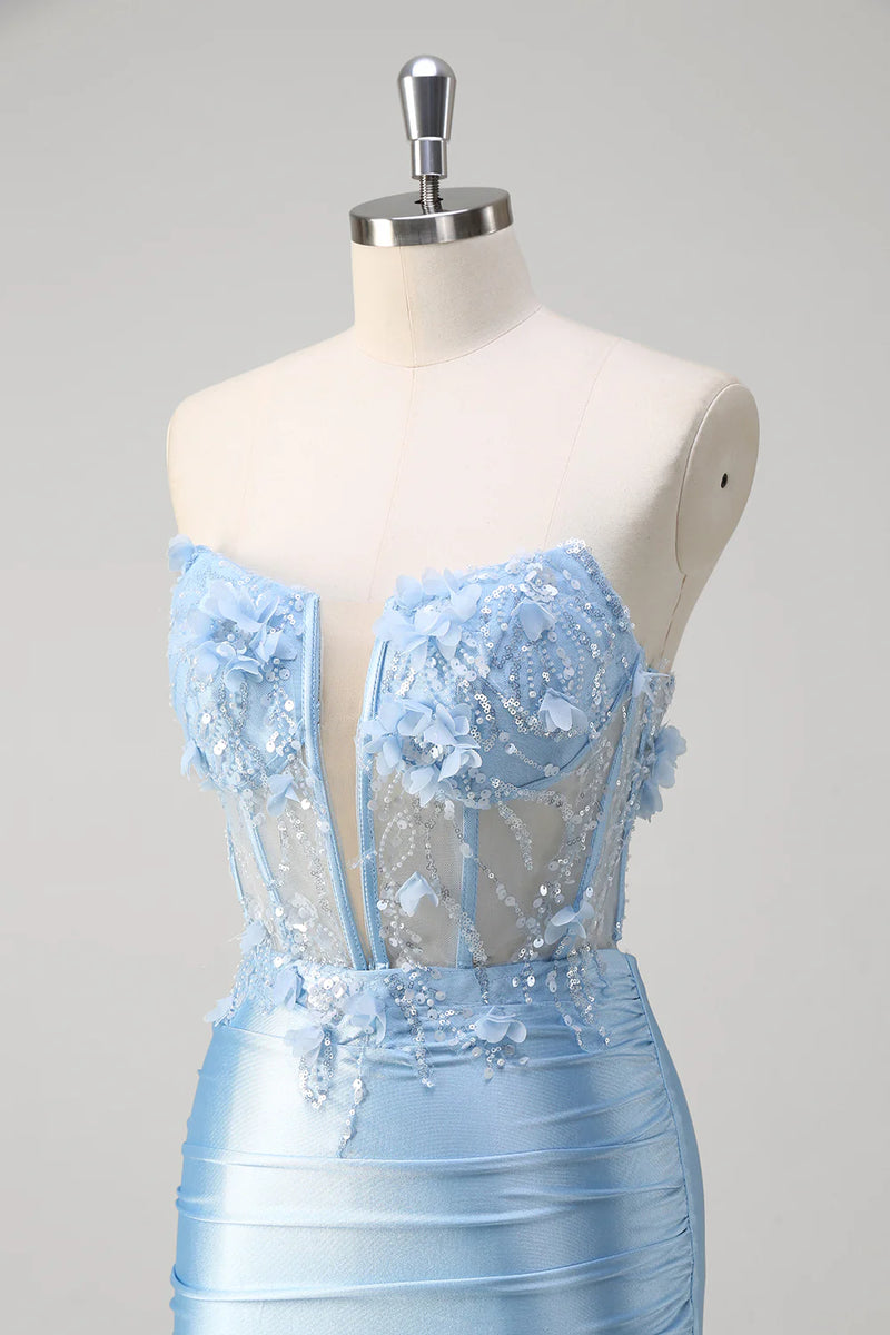 Laden Sie das Bild in den Galerie-Viewer, Glitzer Blau Meerjungfrau Trägerloses Korsett Lange Abendkleid mit Blumen