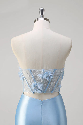 Glitzer Blau Meerjungfrau Trägerloses Korsett Lange Abendkleid mit Blumen
