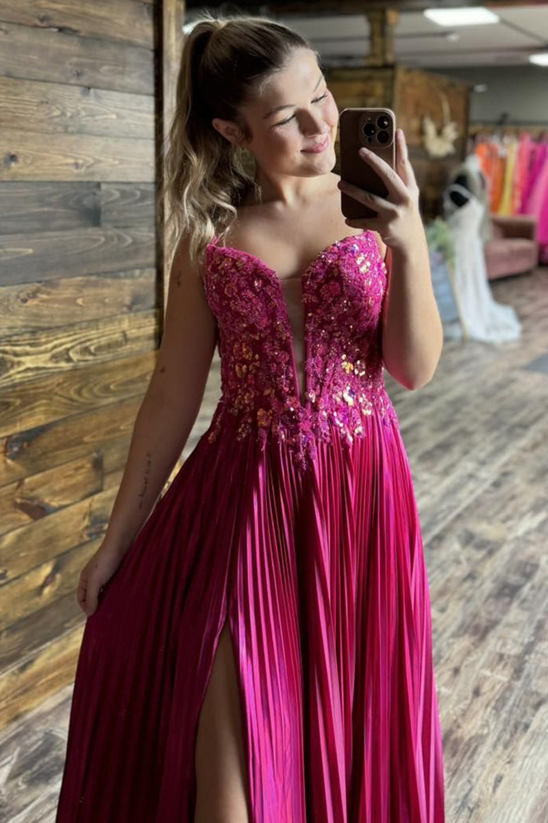 Laden Sie das Bild in den Galerie-Viewer, Glitzer Rosa A-Linie SpaghettiTräger Langes Abendkleid mit Spitze