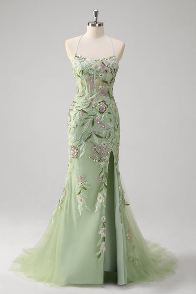 Frauen Grünes Korsett Abendkleid mit Schlitz Blumen Meerjungfrau Spaghettiträger Langes Ballkleid mit Applikationen