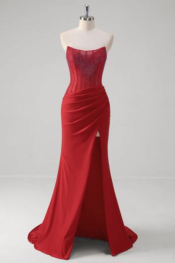 Glitzer Rot Meerjungfrauen Rückenfrei Korsett Langes Ballkleid mit Schlitz