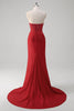 Laden Sie das Bild in den Galerie-Viewer, Glitzer Rot Meerjungfrauen Rückenfrei Korsett Langes Ballkleid mit Schlitz