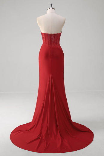 Glitzer Rot Meerjungfrauen Rückenfrei Korsett Langes Ballkleid mit Schlitz