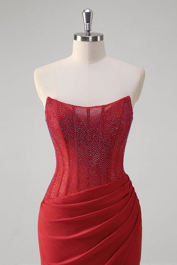 Glitzer Rot Meerjungfrauen Korsett Rückenfrei Satin Langes Ballkleid mit Schlitz