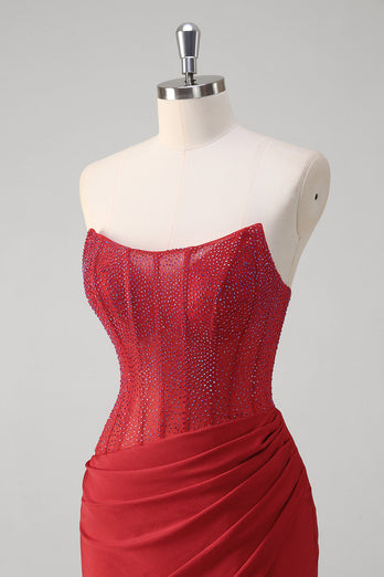 Glitzer Rot Meerjungfrauen Korsett Rückenfrei Satin Langes Ballkleid mit Schlitz