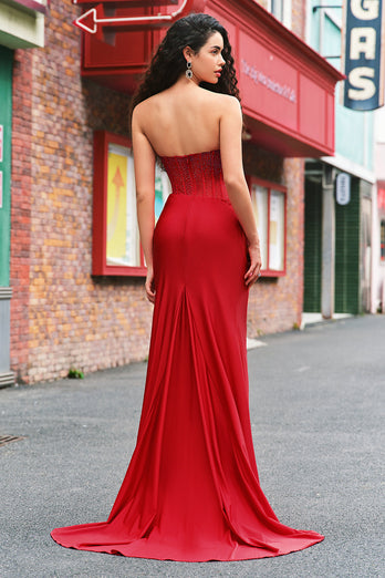 Glitzer Rot Meerjungfrauen Korsett Rückenfrei Satin Langes Ballkleid mit Schlitz