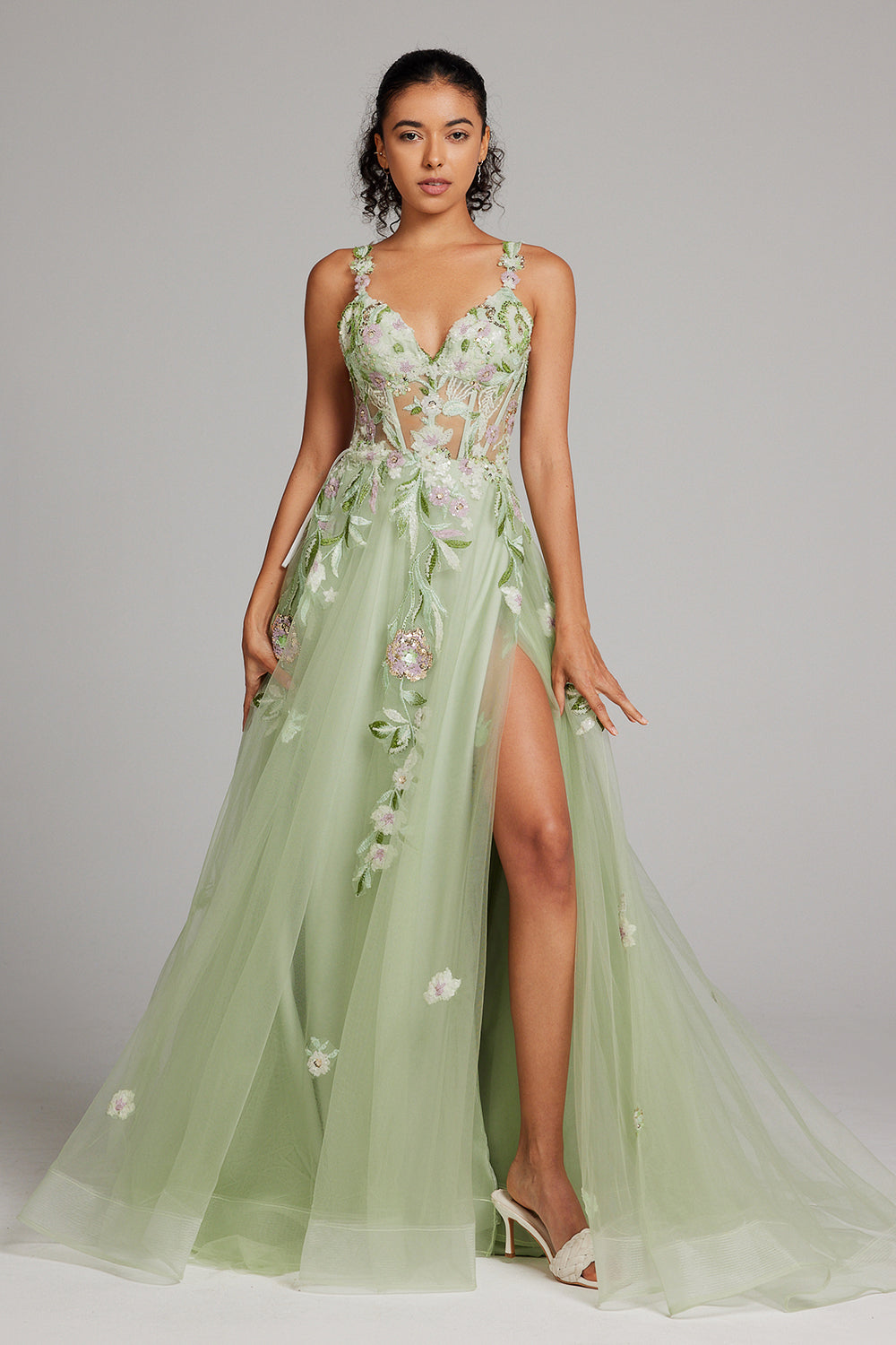 Glitzer Grün A Linien Spaghettiträger Korsett Langes Ballkleid mit Schlitz