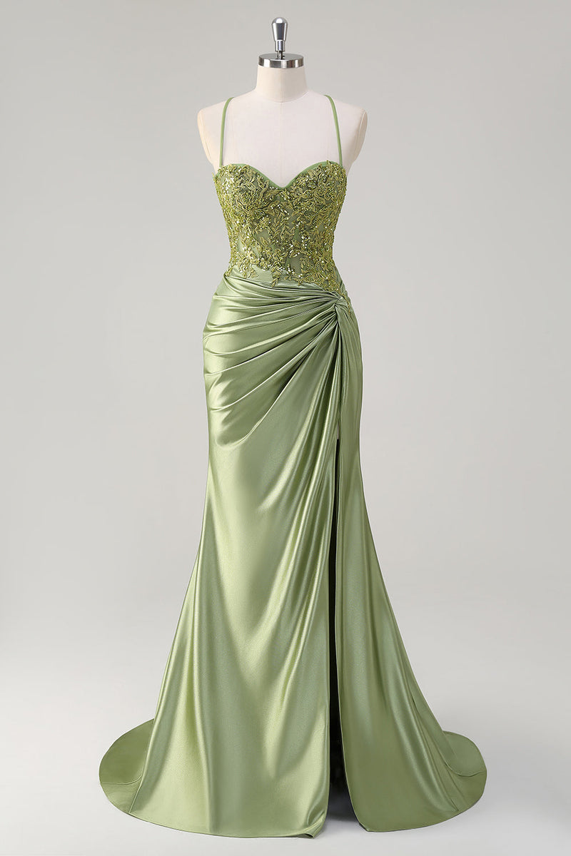 Laden Sie das Bild in den Galerie-Viewer, Glitzer Grün Meerjungfrauen Rückenfrei Korsett Satin Langes Ballkleid mit Schlitz