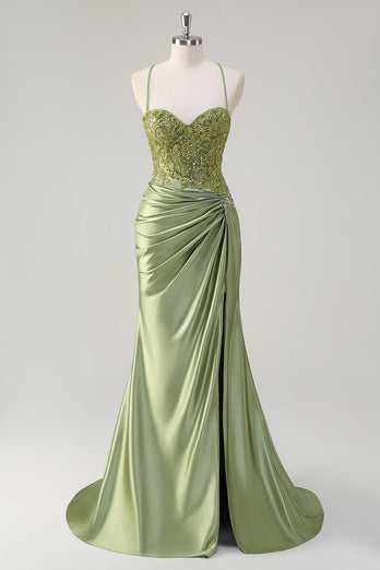 Glitzer Grün Meerjungfrauen Spaghettiträger Korsett Langes Ballkleid mit Schlitz