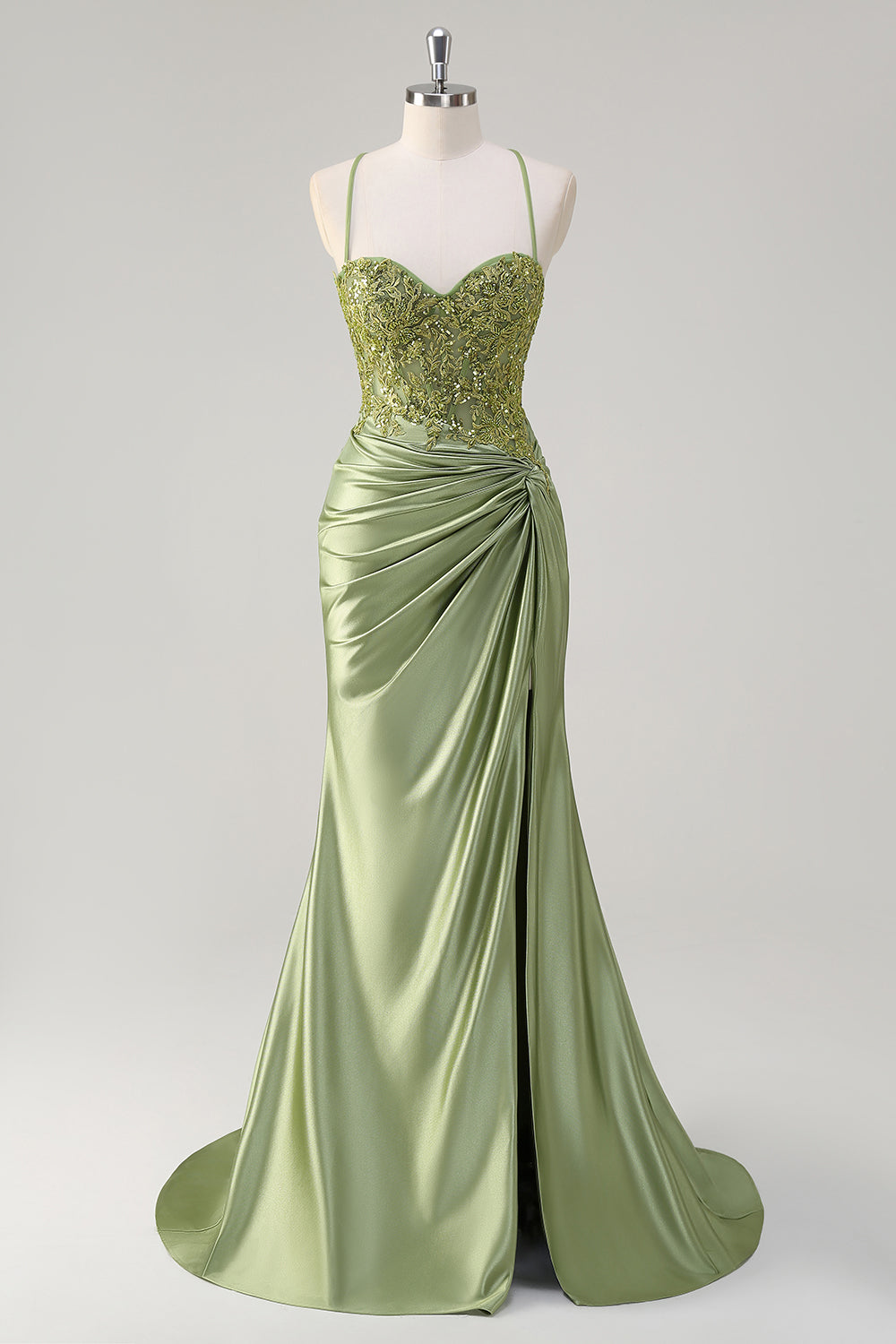 Glitzer Grün Meerjungfrauen Spaghettiträger Korsett Langes Ballkleid mit Schlitz