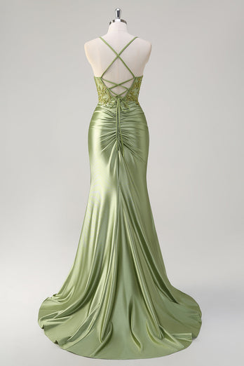 Glitzer Grün Meerjungfrauen Rückenfrei Korsett Satin Langes Ballkleid mit Schlitz
