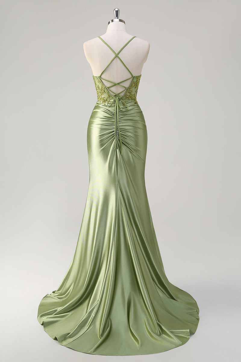 Laden Sie das Bild in den Galerie-Viewer, Glitzer Grün Meerjungfrauen Rückenfrei Korsett Satin Langes Ballkleid mit Schlitz