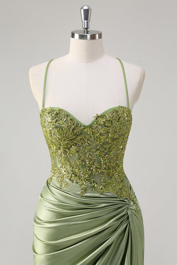 Glitzer Grün Meerjungfrauen Spaghettiträger Korsett Langes Ballkleid mit Schlitz