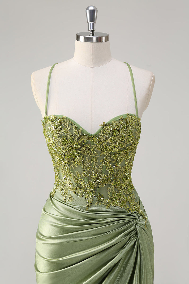 Laden Sie das Bild in den Galerie-Viewer, Glitzer Grün Meerjungfrauen Spaghettiträger Korsett Langes Ballkleid mit Schlitz