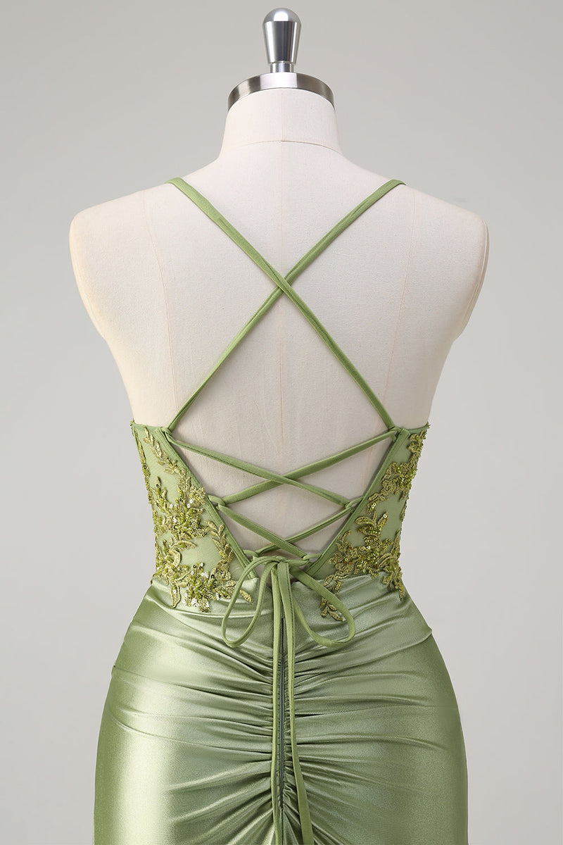Laden Sie das Bild in den Galerie-Viewer, Glitzer Grün Meerjungfrauen Spaghettiträger Korsett Langes Ballkleid mit Schlitz