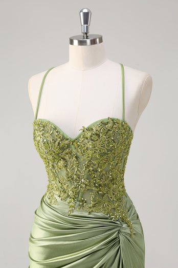 Glitzer Grün Meerjungfrauen Spaghettiträger Korsett Langes Ballkleid mit Schlitz