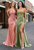 Laden Sie das Bild in den Galerie-Viewer, Glitzer Grün Meerjungfrauen Rückenfrei Korsett Satin Langes Ballkleid mit Schlitz