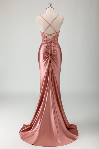 Glitzer Grün Meerjungfrauen Rückenfrei Korsett Satin Langes Ballkleid mit Schlitz